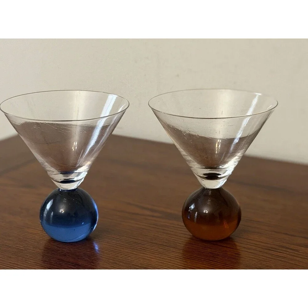 Set of 2 Post Modern Clear Glass Martini Glasses Blue & Amber Ball Base